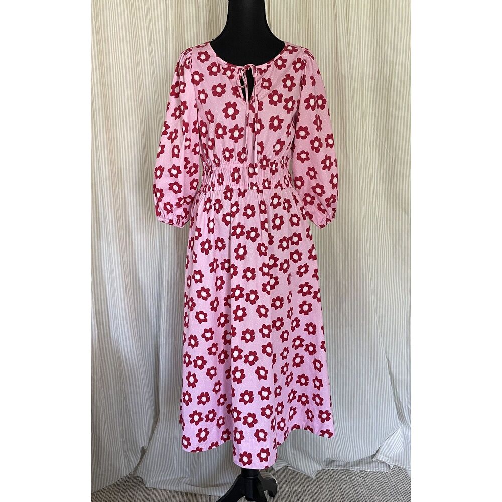 Kitri Womens Dress Size 4 Pink Red Floral Print Cotton Puff Sleeve Smocked Waist